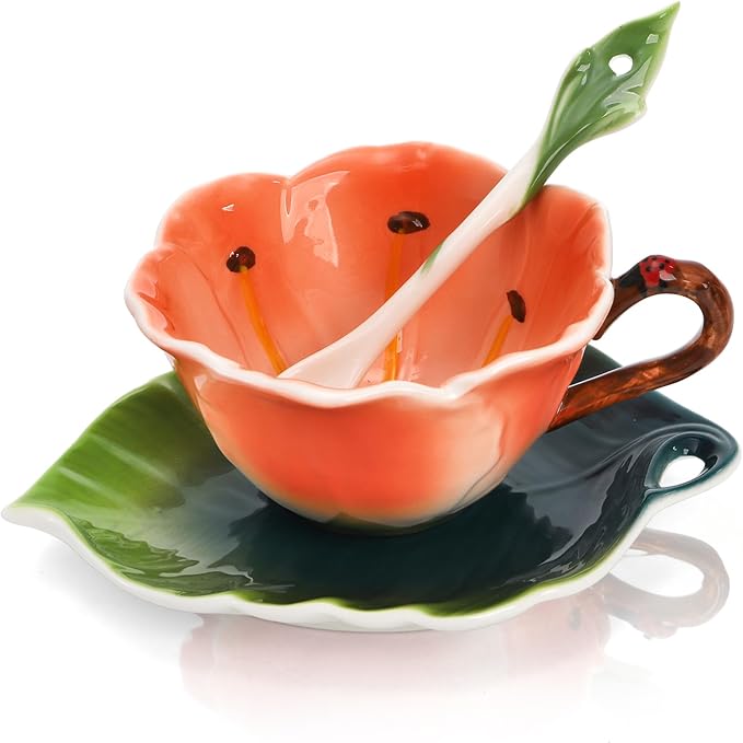 Flower Tea Cup and Saucer, 6 Oz Ceramic Coffee Mug with Spoon, 3D Handmade Vintage Drinking Cups, 3 Pieces Orange Teaware Mug for Women, Christmas Birthday Gift Party (Floral and Leaf)