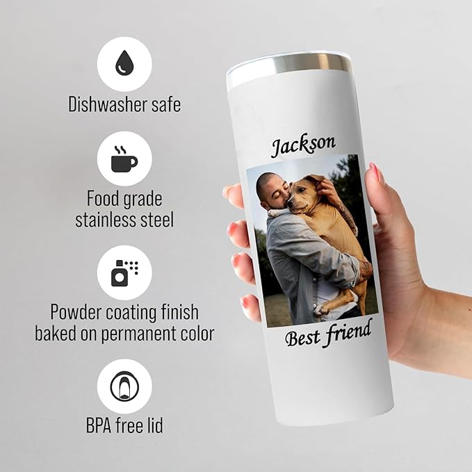 Custom pet picture tumbler with lid, insulated stainless steel 20oz personalized photo thermo cup for animal lovers, drinking glass for cat mom & dog dad, pet loss memorial gift (Pet pictures)