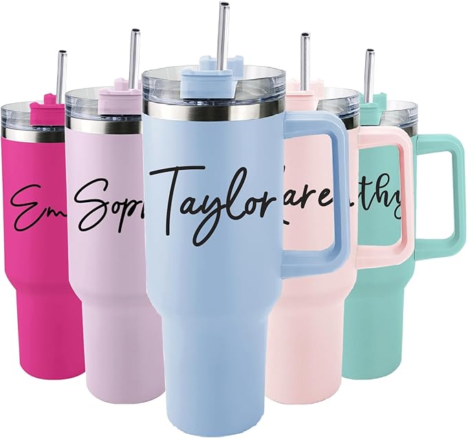 Ships Next Day,Birth Flower 40 Oz Tumbler with Handle and Straw, Personalized Tumbler with Name Insulated Cup Reusable Stainless Steel Water Bottle Travel Mug Christmas Birthday Gifts for Women