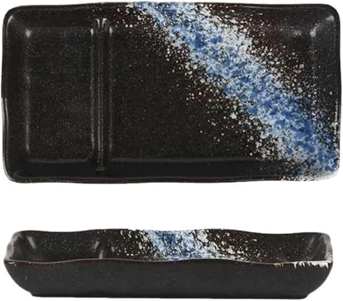 Ceramic Partition Plate Creative Household Use Vinegar Double Cake Sushi(Blue Ice)