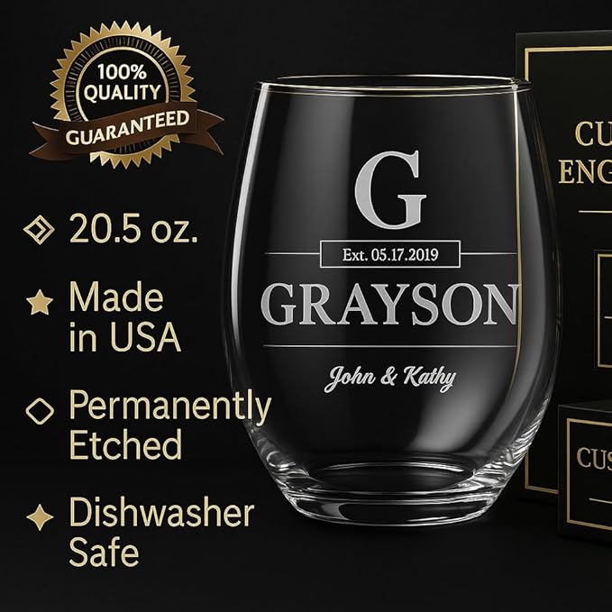Custom Stemless Wine Glass for Him Personalized Wedding Wine Glass, Engraved With Your Engagement Gift, Wedding gifts or Anniversary Information! Customized Gifts for Women Gifts or Couples Gift