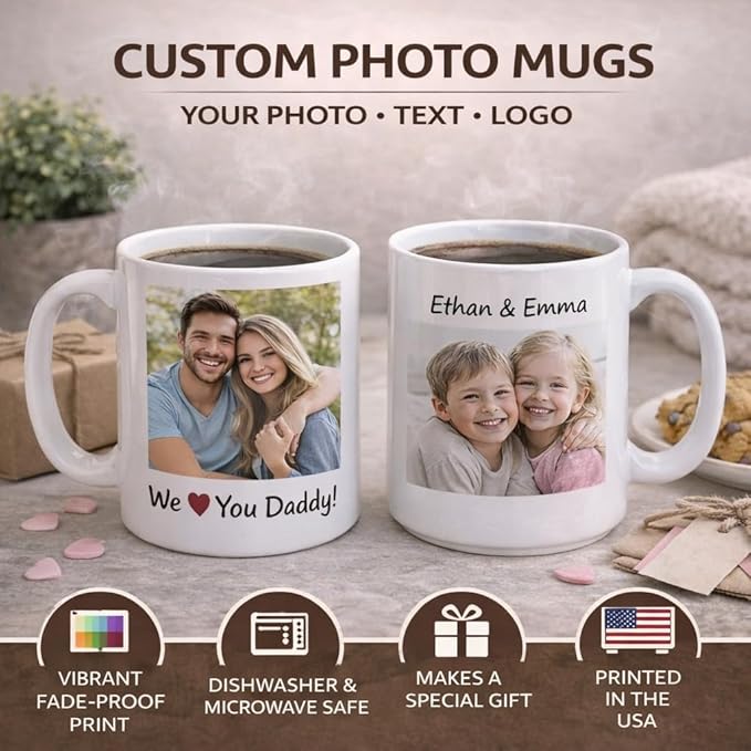 Personalized Photo Coffee Mug – Custom Picture, Text or Company Logo – Unique Gift for Mom, Dad, Friends, Pets – Birthday, Christmas, Anniversary – 11oz Ceramic Mug (Dishwasher & Microwave Safe)