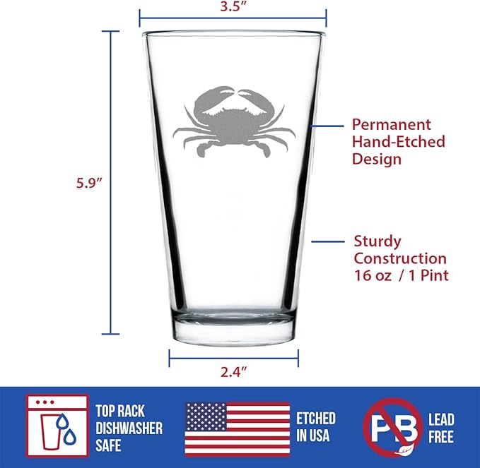 Bevvee Crab Pint Glass for Beer - Beach Themed Decor and Gifts for Ocean Lovers - Engraved Silhouette - 16 Oz Glasses