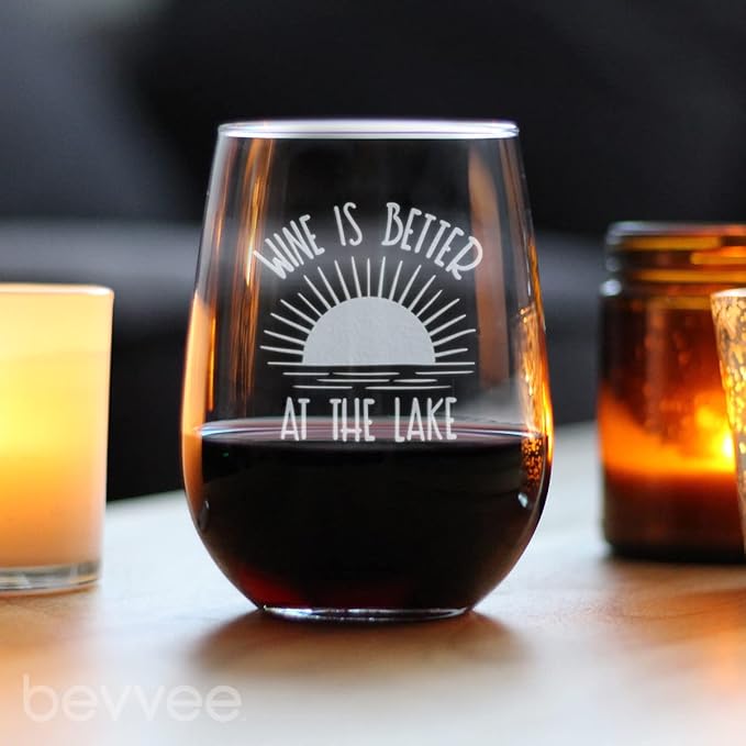 Wine is Better at the Lake - Stemless Wine Glass Gifts for Men & Women - Funny, Cute, Unique Lake House Décor - Large 17 Oz