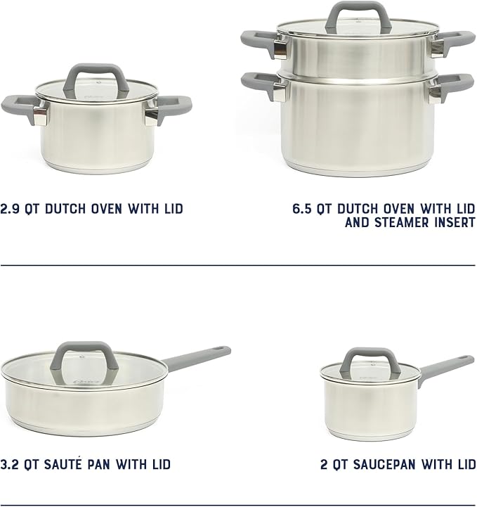 Oster Beauford 9-Piece Stainless Steel 5-Ply Encapsulated Base Cookware Set – Non-Toxic, Induction Compatible Pots and Pans with Stay-Cool Handles – Dishwasher Safe