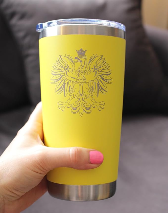 Bevvee Polish Eagle - Insulated Coffee Tumbler Cup with Sliding Lid - Stainless Steel Travel Mug - Poland Gifts or Party Decor for Polish Women and Men - Yellow