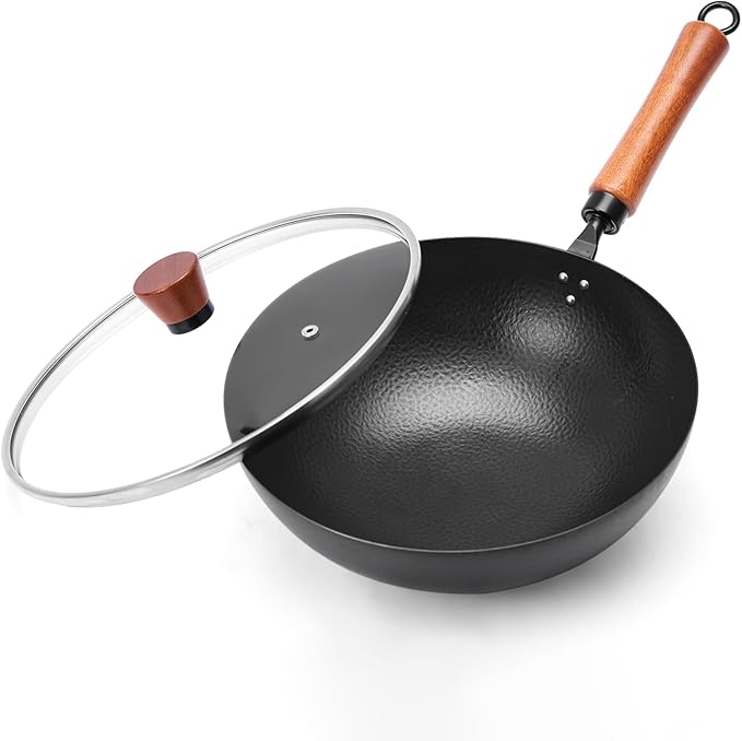 11 Inch Round Bottom Wok, Cold-Forged Iron Wok with Glass Lid, Carbon Steel Wok with Wooden Handle, Heavy-Duty Stir Fry Pan for Gas Stoves and Round-Bottom Induction Stovetop