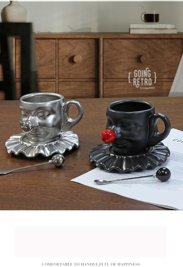 Tea Cups and Saucers, Ceramic Coffee Cup Set 8.5oz, Porcelain Tea Set Face artistic clown cup Design for Lover Gift & Home Decor-Black