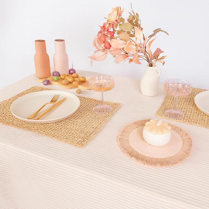 MONDAY MOOSE Striped Farmhouse Picnic Style Decoration Rectangle Natural Stonewashed Cotton Tablecloth for Kitchen, Dining Room, Restaurant (60x120 inch, Beige/White Stripes)