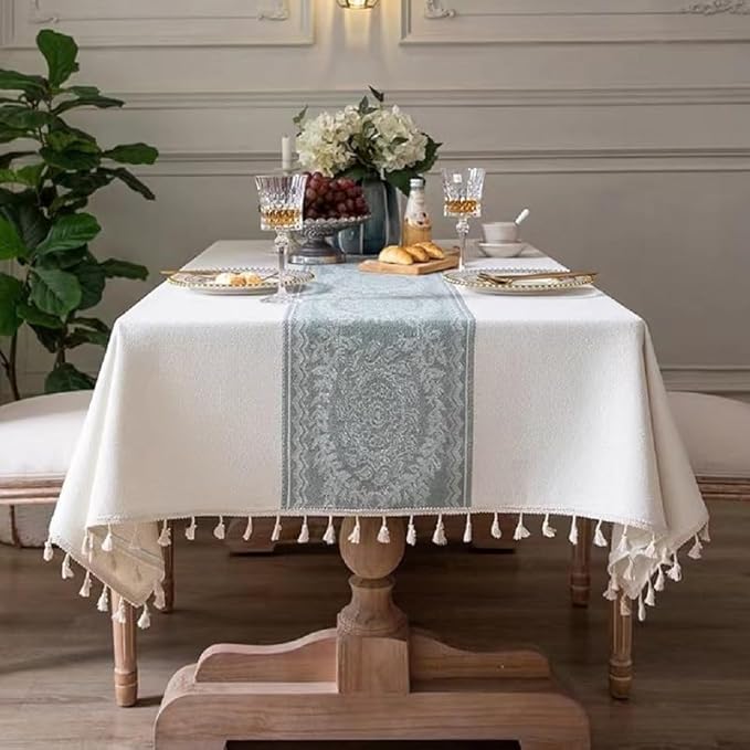 Pahajim Linen Tablecloth Rustic Rectangle Table Cloth Cotton Striped Tassels Tablecloths for Kitchen Dining Table Cover Square,55''x55'', 4 Seats
