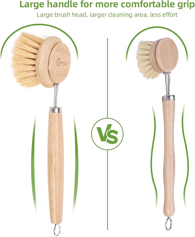Bamboo Scrub Brush with Handle - Soft Bristles, Non Toxic Dish Brush, Compostable & Biodegradable, Bamboo Dish Scrubber for Cookware, Bowls and Plates, Non-Stick Pans