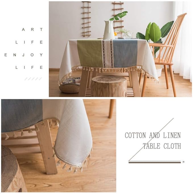 Pahajim Striped Tablecloth Rectangle with Tassels Thick Linen Cotton Table Cloth for Outdoor Picnic Dining and Holiday Kitchen Decor Rectangle/Oblong,55''x102'', 8-10 Seats