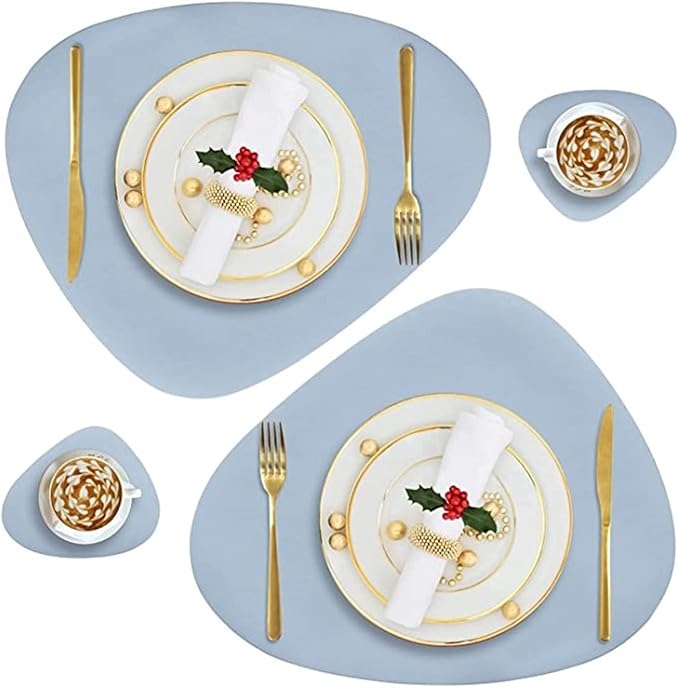 Faux Leather Set of 2 PU Placemats and Coasters Round Leather for Dinner Table Mats Heat Non-Slip Washable(Gray)