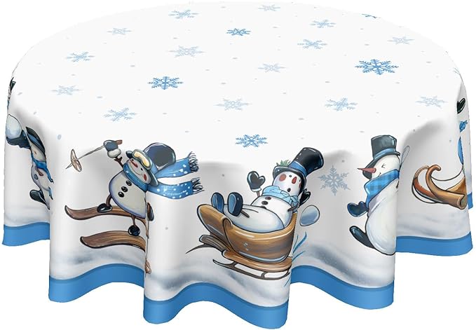 Winter Snowman Tablecloth Round 60 Inch Blue and White Christmas Snowman Snowflake Snow Circle Table Cloth Xmas Holiday Table Cover for Kitchen Dinner Home Decor