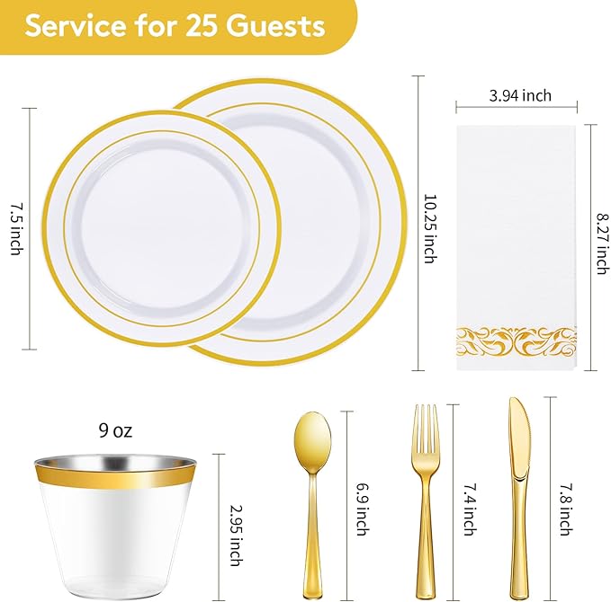 Goodluck 175 Piece Gold Dinnerware Set for 25 Guests, Plastic Plates Disposable for Party, Include: 25 Dinner Plates, 25 Dessert Plates, 25 Paper Napkins, 25 Cups, 25 Gold Silverware Set