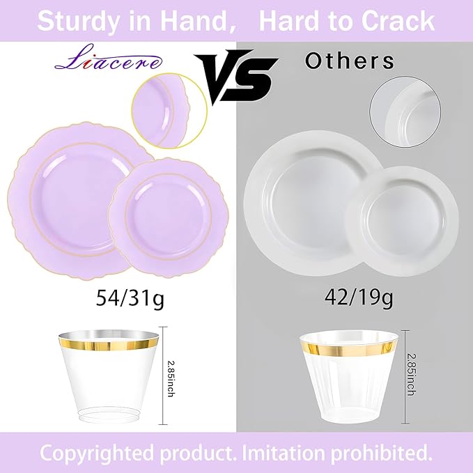 Liacere 350PCS Purple Plastic Plates - Disposable Lavender Plates 50guest Plastic Dinnerware include 100Light purple Plates,50Pack Pre Rolled Napkins Silverware 50Cups for Valentine’s Day＆Easter Day