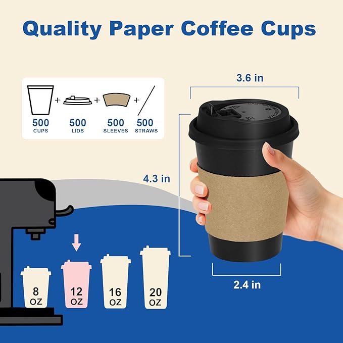 12 oz 500 Pack Coffee Cups with Lids and Sleeves, Straws, Hot Disposable To Go Travel Paper Cups Bulk for Office, Home Coffee Bar Accessories, Chocolate, Cocoa, Beverage (Black)
