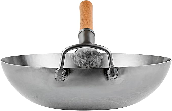 Restaurantware-Motomori 13.38 Inch Hand-Hammered Carbon Steel Wok, 10 Traditional Japanese Wok - Flat Bottom, Wooden Handle, Black Carbon Steel Traditional Stir Fry Pan, With Helper Handle