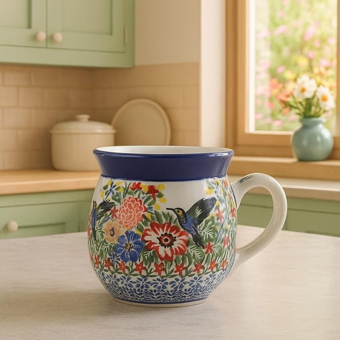 Blue Rose Polish Pottery - Red Hummingbird Bubble Mug - 16 oz - Unique Shape Mug for Coffee & Tea