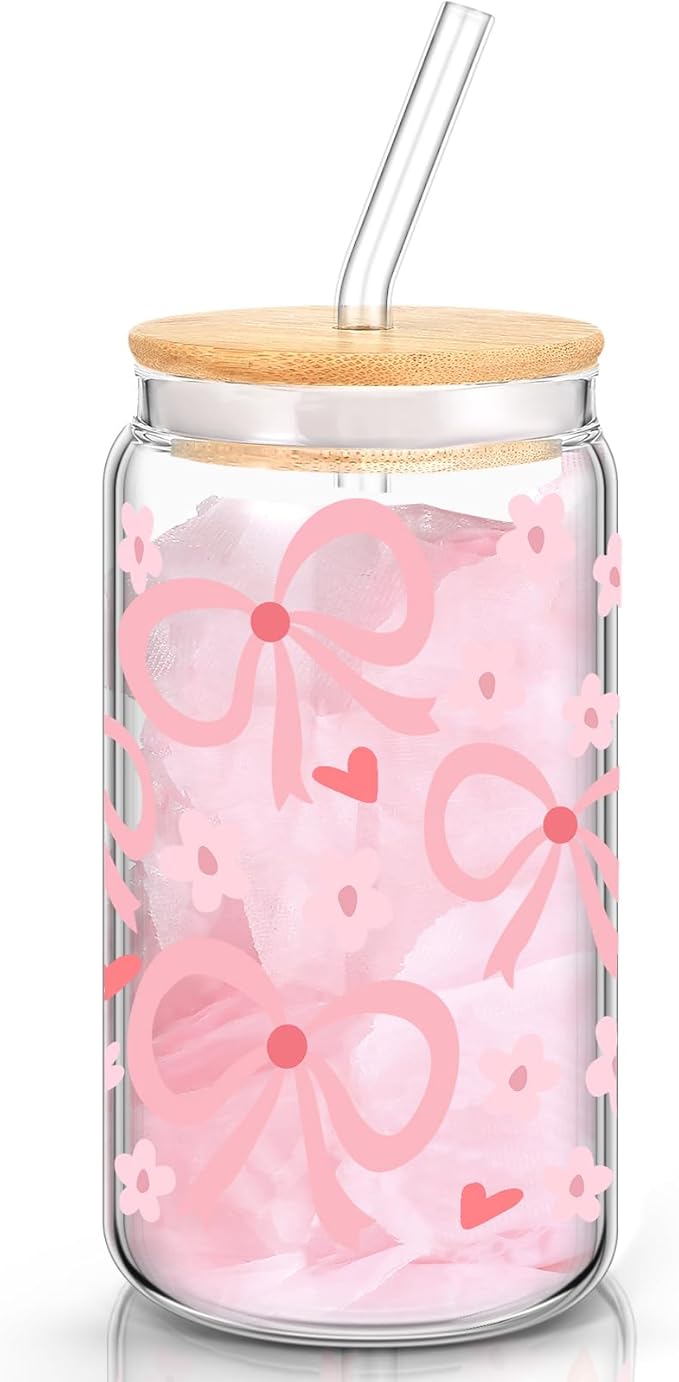 Hoolerry Coquette Bow Aesthetic Cup, 16 oz Dainty Glass Cup in Pink with Lid and Straw, Vintage Coquette Aesthetic Drinking Jar for Girls Women Valentines Birthday Party Favors(Flower Bow)