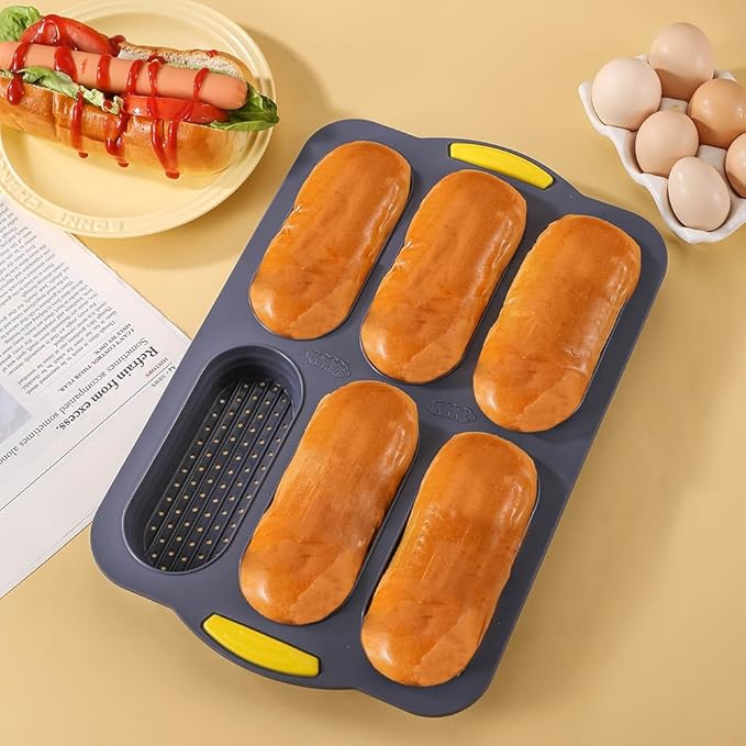 MUJUZE Hot Dog Bun Pan,6 Cavity Bread Loaf Pan,Silicone Hotdog Bun Mold,Nonstick & Heat proof Homemade Hotdog Bun Baking Pans,Sub Roll Baking Pans