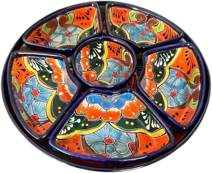 Handmade 7-Piece Talavera Appetizer Tray | Sectional Botanero Party Platter for Dips, Sauces & Charcuterie