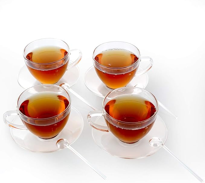 Teabloom Royal Teacup and Saucer Set 4-Pack – Large Size – 12 OZ/ 350 ML Capacity – Crystal Clear Classic Design – Glass Mug Set – Premium, Healthful Borosilicate Glass – Odor and Stain-Free