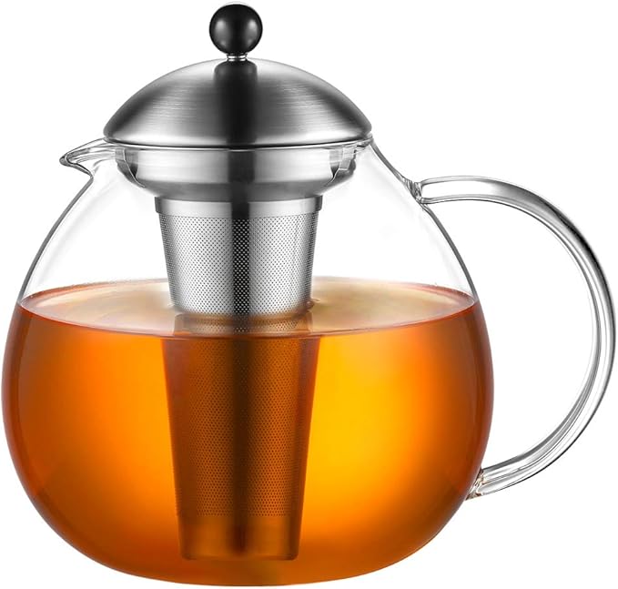 glastal 67oz XL Large Glass Teapot with Infuser Stovetop Safe, Tea Pots for Loose Tea Glass, Glass Tea Kettle for Stove Top, Clear Teapot with Strainer for Loose Tea (2000 ml)