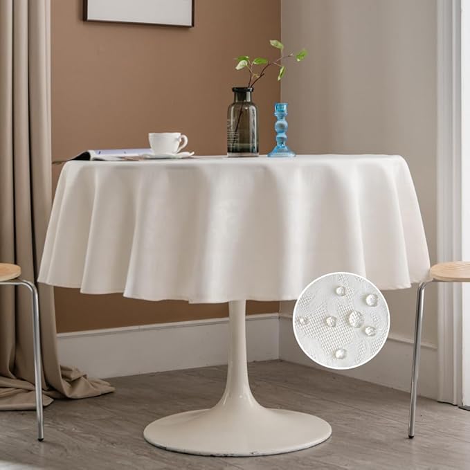 MANGATA CASA Round Tablecloth Faux Cotton Waterproof and Wrinkle Resistant Washable Jacquard Polyester Table Cloth for Kitchen Dining/Party/Indoor and Outdoor Use(White,60R inch)