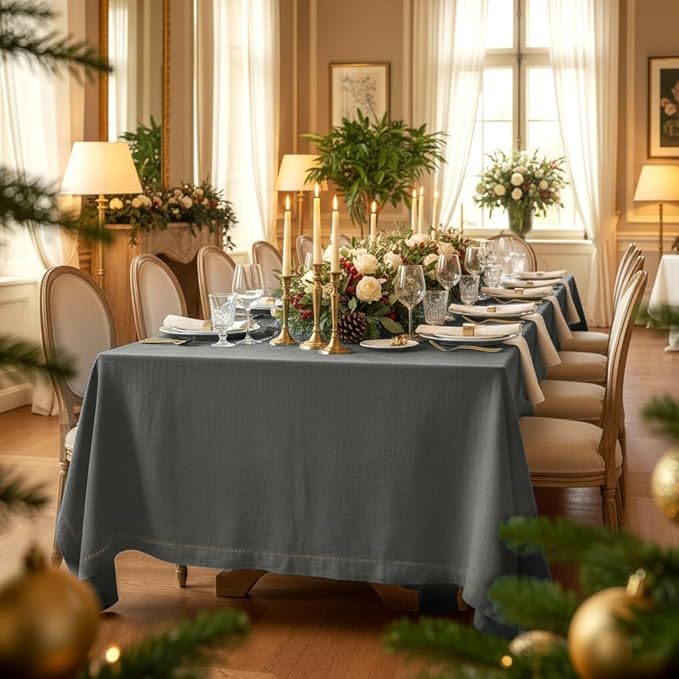 D'Moksha Homes Charcoal Grey Linen Tablecloth 60 x 156 Inch - 100% Pure Linen Grey Tablecloth for Rectangle Tables - Classic Hemstitch, Machine Washable Table Cloth for Spring, Easter