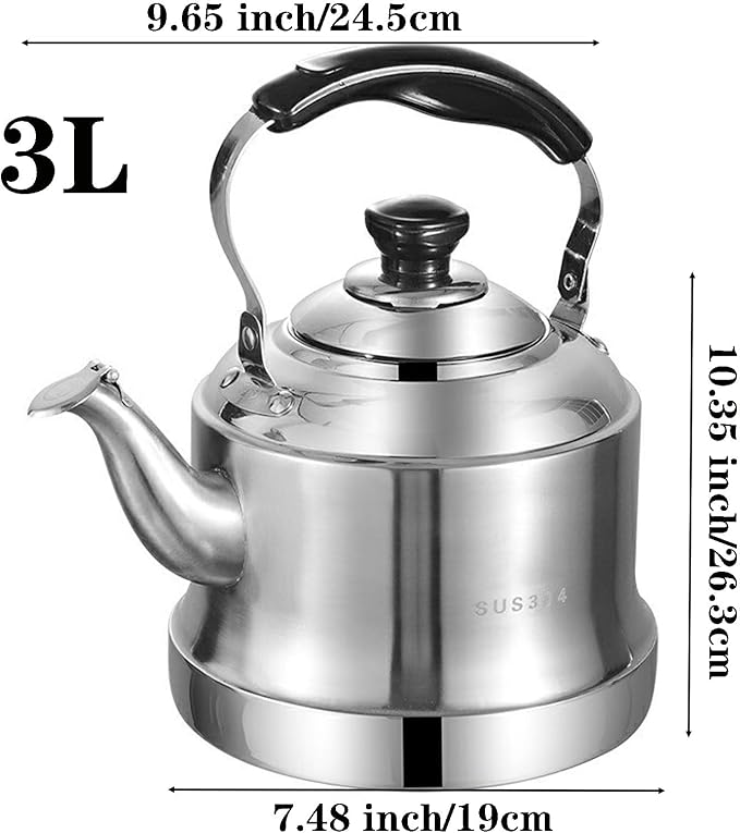 Tea kettle, 3.2 Quart Food Grade 304 Stainless Steel Tea Kettle for Stove top Whistling Teapot with Cool Touch Ergonomic Handle, Suitable for All Heat Sources(3L)