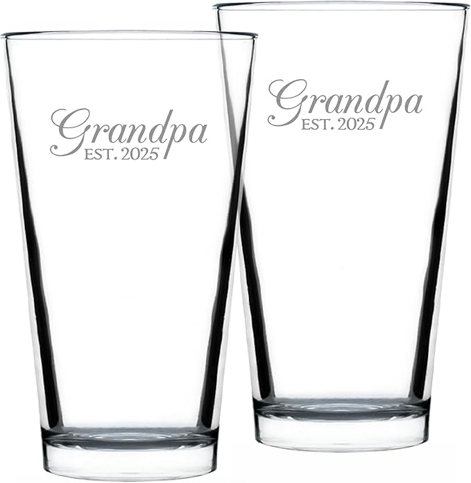 Bevvee Grandpa Est 2025 - New Grandfather Pint Glass Gift for First Time Grandparents - Set of 2 - Decorative 16 Oz Glasses