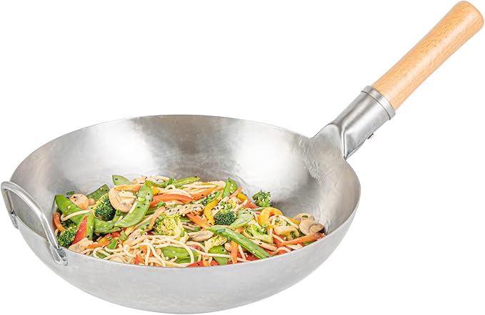 Restaurantware-Motomori 13.38 Inch Hand-Hammered Carbon Steel Wok, 10 Traditional Japanese Wok - Flat Bottom, Wooden Handle, Black Carbon Steel Traditional Stir Fry Pan, With Helper Handle