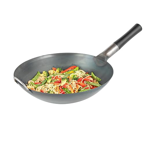Restaurantware-Motomori 14 Inch Pre-Seasoned Carbon Steel Wok, 10 Traditional Japanese Woks - Round Bottom, Wooden Handle, Black Carbon Steel Traditional Stir Fry Pans, With Helper Handle