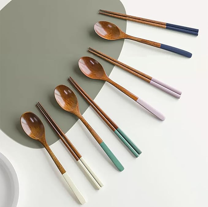 Handmade Wooden Cutlery Set by Diulazin - 4PCS Reusable Spoon and Chopsticks, High-Grade for Daily Use, Parties, Banquets, Buffets, Catering - Eco-Friendly, 9 Inch (Style B)