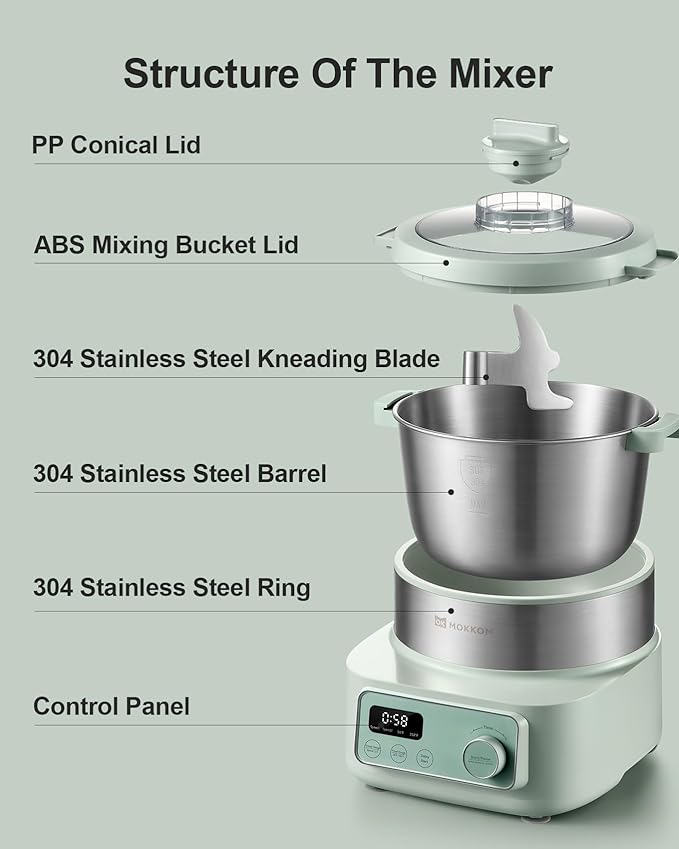 MOKKOM Electric Dough Maker with Proof Dough Function, Microcomputer Timing, 6.34Qt 304 Stainless Steel Bowl, Household Dough Maker Kitchen Flour Kneading Machine, Green