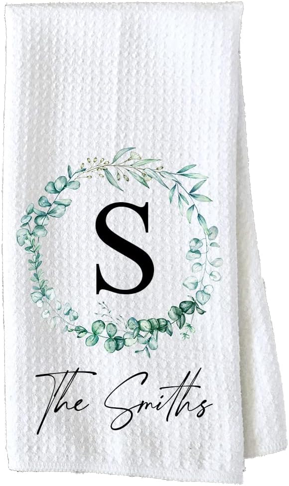 Personalized Kitchen Towel | Custom Tea Towel | Family Name Dish Towel | Kitchen Decor | Hand Towel | Housewarming Gift | Monogram Dishcloth (Wreath 1)