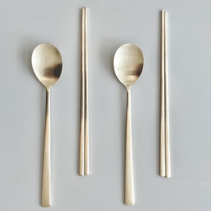 Korean Made Traditional Utensil Chopstick Set Flatware Champagne Gold Stainless Steel Spoon & Chopsticks Comfortable Grip Gift for Mom (2) Stocking Stuffer