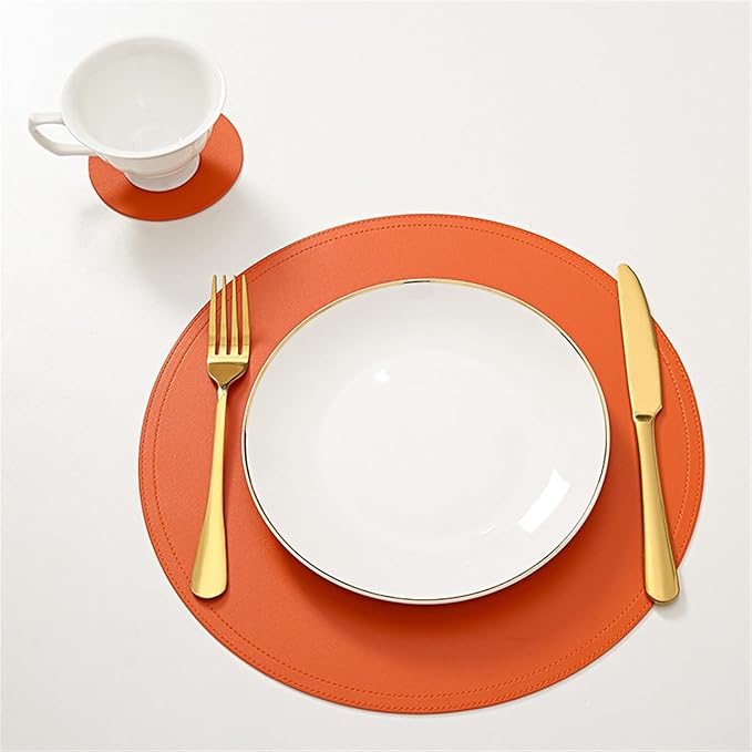 Color Tableware Pad Placemat PU Leather Table Mat Heat Insulation Non-Slip Bowl Coaster Kitchen(Orange)