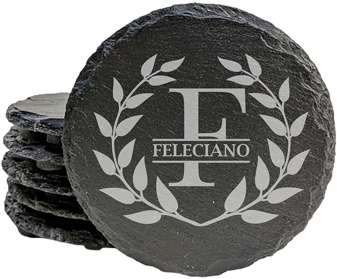 ustic Elegance: Personalized Slate Coasters with Wreath Design - Round Slate - Set of 5