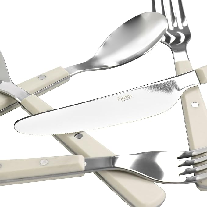 Martha Stewart Watercliffe 16 pc Flatware Silverware Set - Stainless Steel Utensils - Forks, Spoons, Knives - Service for 4 - Linen