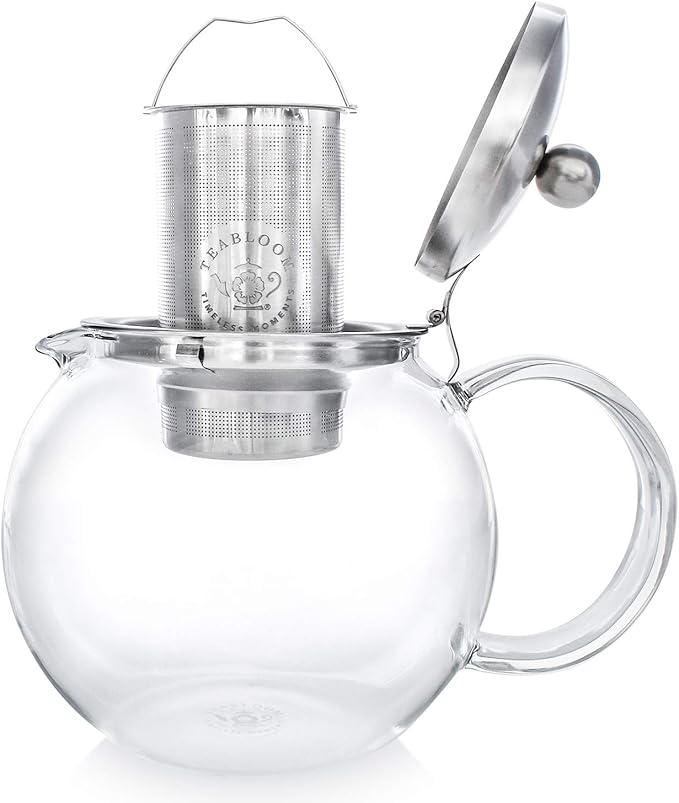 Teabloom Stovetop Safe Glass Teapot with Removable Infuser (40oz/1200ml) and Four Double Walled Glass Cups (5oz/150ml) - Classica Tea Set