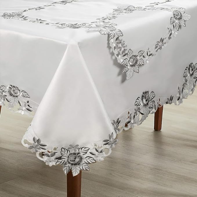 Decozen Ivory Table Cloth - Rectangle Lace Linen Tablecloth Intricate Cutouts Embroidery for Kitchen Dining Room Table Home Decor Wedding Receptions - 60 x 120 inches - The Alois Collection