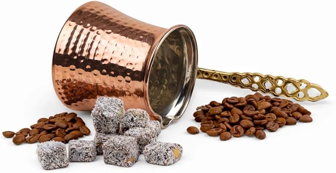 MEYA Handcrafted Copper Turkish Coffee Pot 260 ml | Stove Top Cezve for Coffee, Milk, Butter & Chocolate | Fast Even Heating | Wooden Measuring & Stirring Spoons Included (Medium)