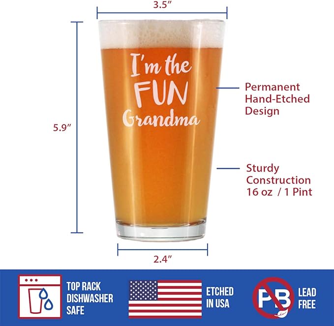 Bevvee Fun Grandma - Pint Glass for Beer - Funny Gift for Grandmothers - Cute Engraved Glasses for Grandparents - 16 oz