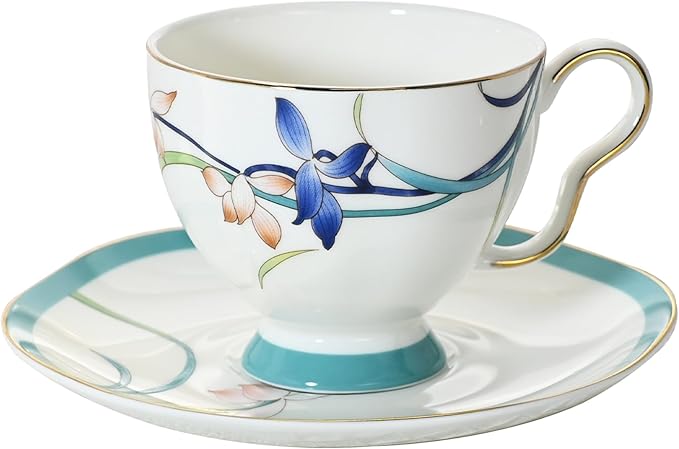 ACMLIFE Tea Cups and Saucers for 1, Bone China Teacup Set for Adults with Gold Trim and Gift Box, Blue and White Chinese English British Wedding Tea Set for One Coffee Cup Set 6.8 oz (Blue-Bamboo)
