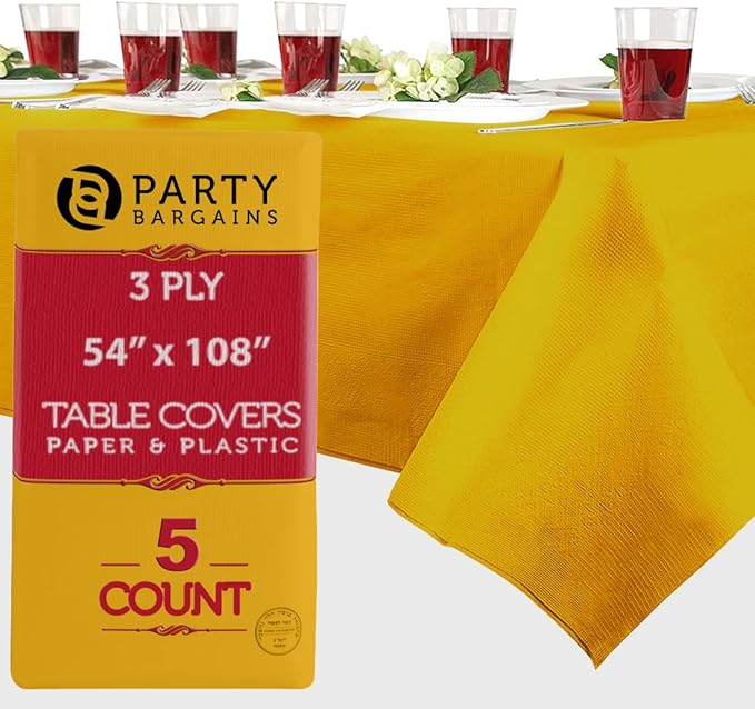 PARTY BARGAINS Disposable Table Covers, 54 x 108 Inch, Yellow, 3-Ply Paper & Plastic Spill-Resistant Party Tablecloths, 5 Pack