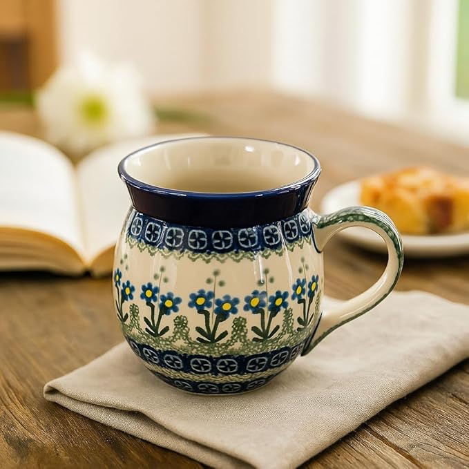 Blue Rose Polish Pottery - Blue Posy Bubble Mug - 16 oz - Unique Shape Mug for Coffee & Tea