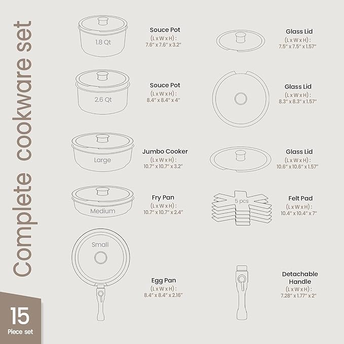 Bakken 15-Piece Non-Stick Cookware Set with Detachable Handles – Granite Stackable Pots and Pans Set, Dishwasher Safe, Oven-Safe, and Compatible Kitchen Essential for All Stoves – Cream