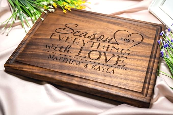 Personalized Cutting Board, Custom Wedding, Anniversary or Housewarming Gift Idea, Wood Engraved Charcuterie, for Couples or Family, Season with Love Design 032